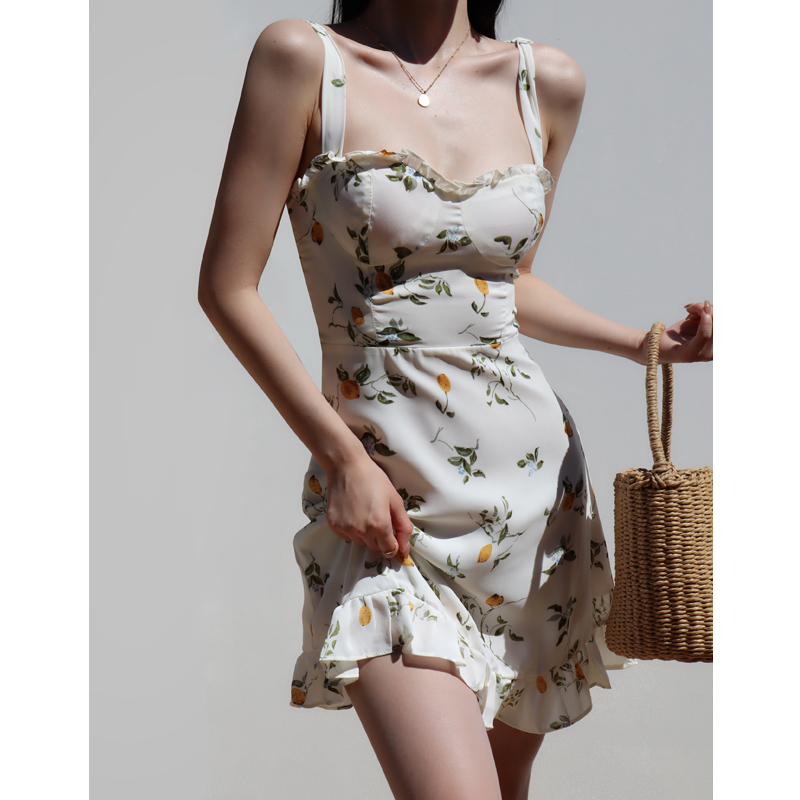 Vintage French Fresh Girl Summer Lemon Slim-Fit Tie-Waist Short Vacation Dress