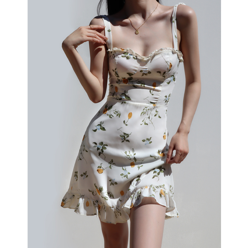 Vintage French Fresh Girl Summer Lemon Slim-Fit Tie-Waist Short Vacation Dress
