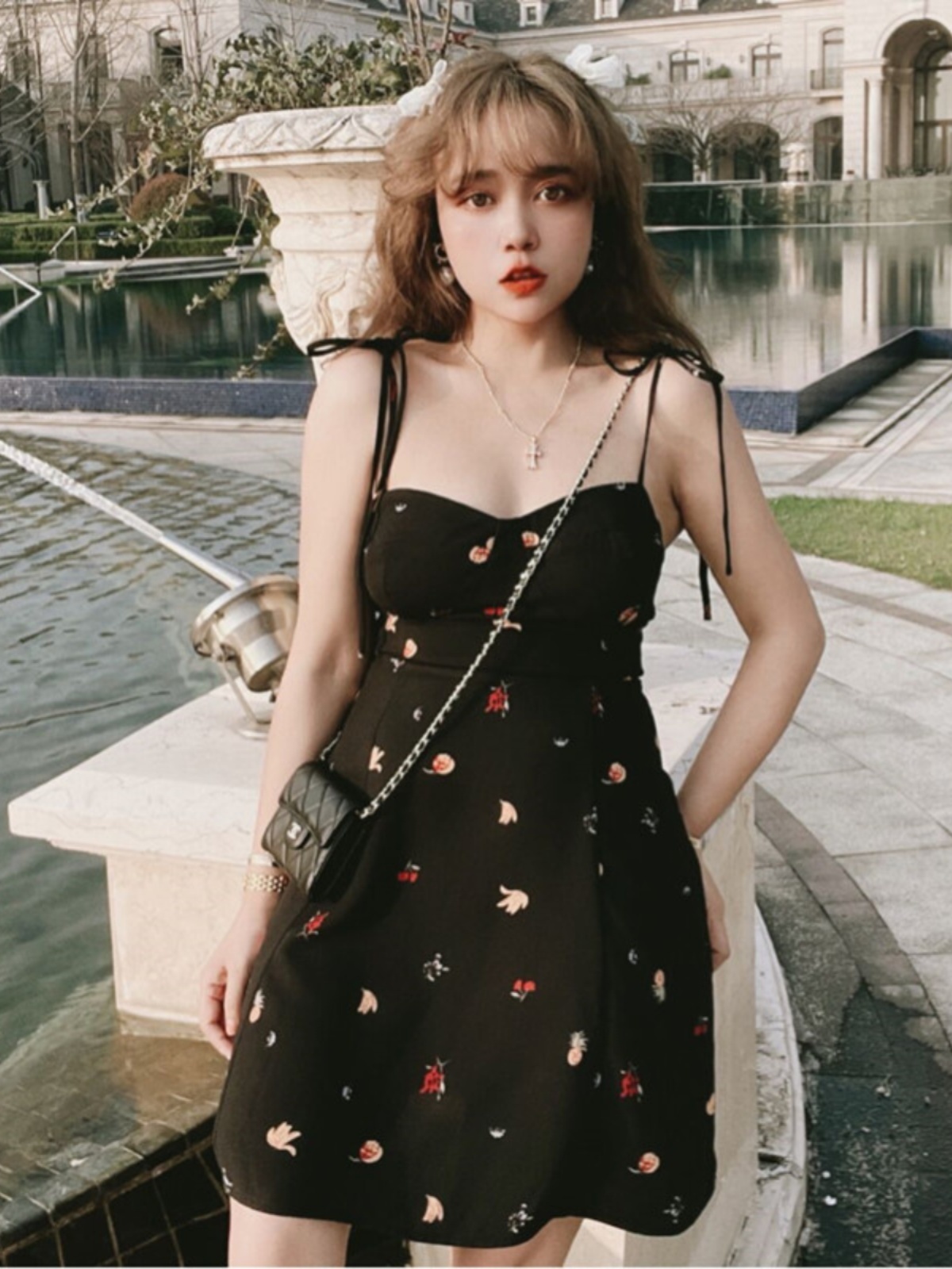 Vintage French Fruit Print A-Line Slip Dress - Waist-Cinching Short Skirt for Spring/Summer 2025 - Chic 90s Inspired Style