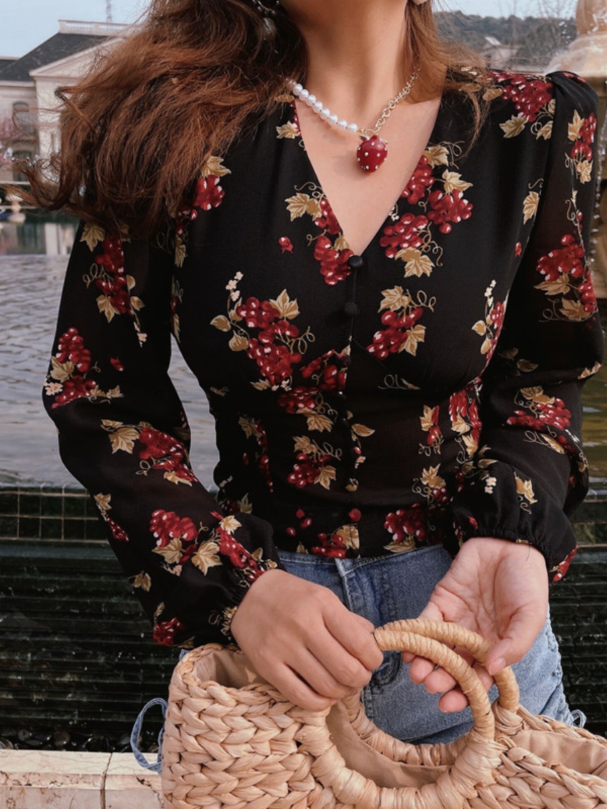 Vintage French Grape Print V-Neck Puff Sleeve Oversized Slimming Shirt Top - DIY 90s Inspired Fashion