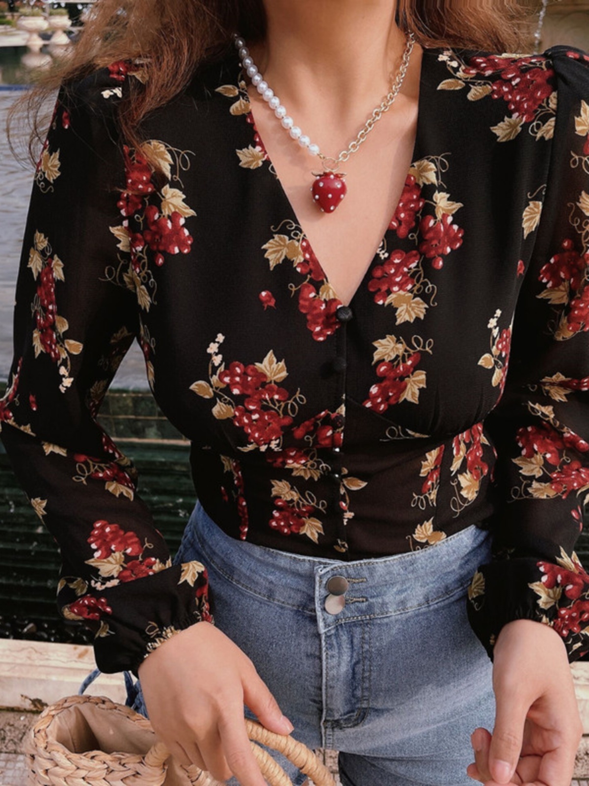 Vintage French Grape Print V-Neck Puff Sleeve Oversized Slimming Shirt Top - DIY 90s Inspired Fashion