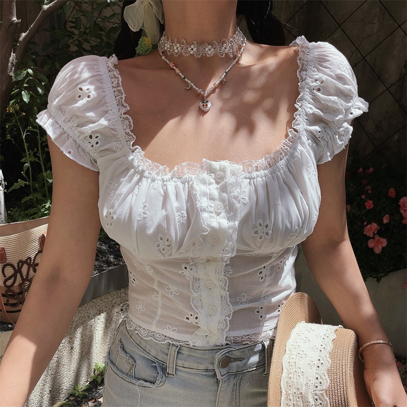 Vintage French Handmade White Puff Sleeve Top with Exquisite Embroidery - Perfect for Vacation and Summer Outings