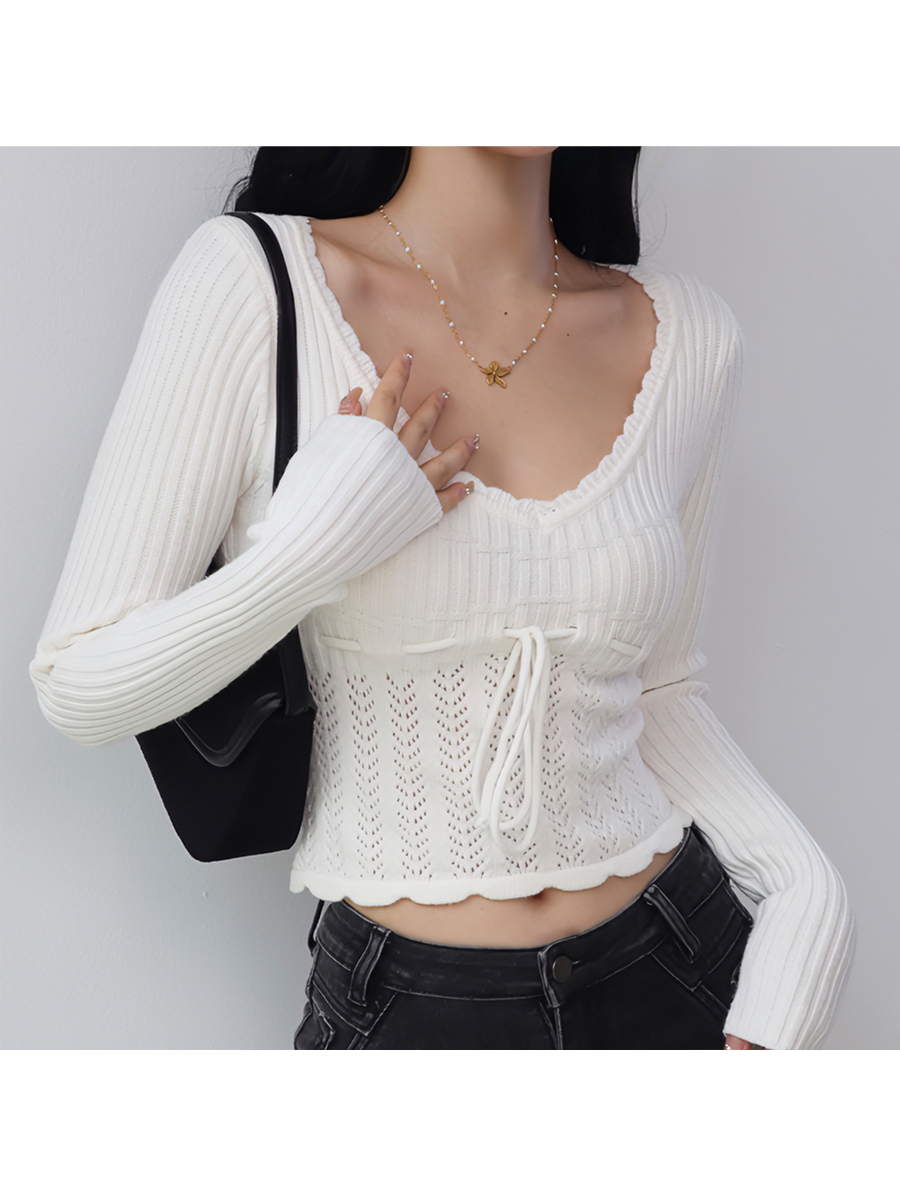 Vintage French Hollow Square Neck Long Sleeve Knitted Sweater with Drawstring Waist - Versatile Slimming Pullover Outerwear for Girls