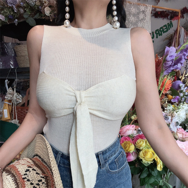 Vintage French Knitted Front Tie Sleeveless Top - Solid Color Vacation Tank for Women, Y2K Inspired Fashion