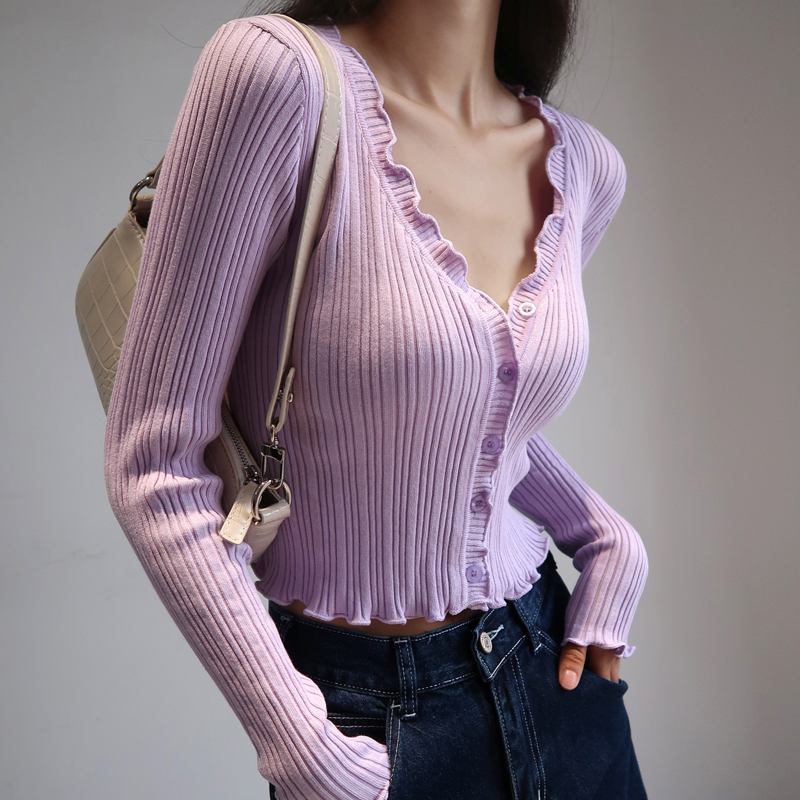 Vintage French Lace Edge V-Neck Buttoned Slim Fit Long Sleeve Knitted Cardigan Sweater for Women