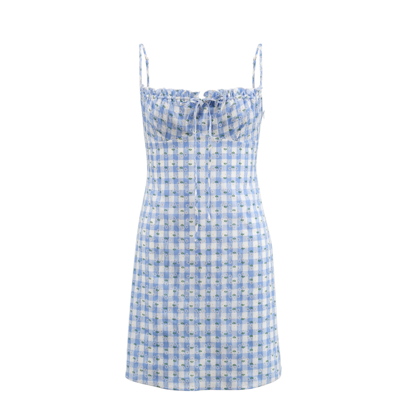 Vintage French Plaid Camisole Dress with Waist-Cinching Short Skirt - Chic Summer Style for a Feminine Look