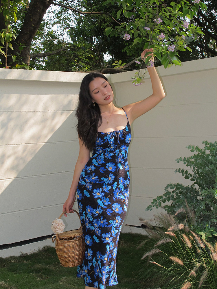 Vintage French Printed Camisole Dress for Women, Sexy Slim Fit Backless Long Dress, Perfect for Summer and Y2K Style
