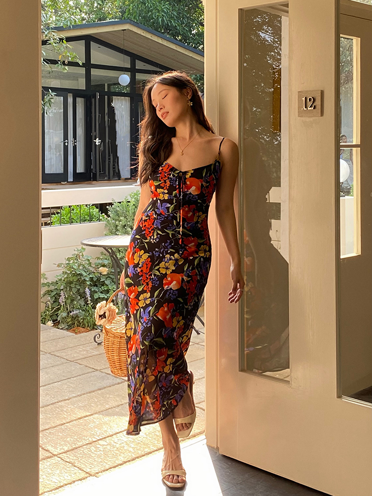 Vintage French Printed Camisole Dress for Women, Sexy Slim Fit, Split Long Skirt, Chic Summer Fashion, Boho Style