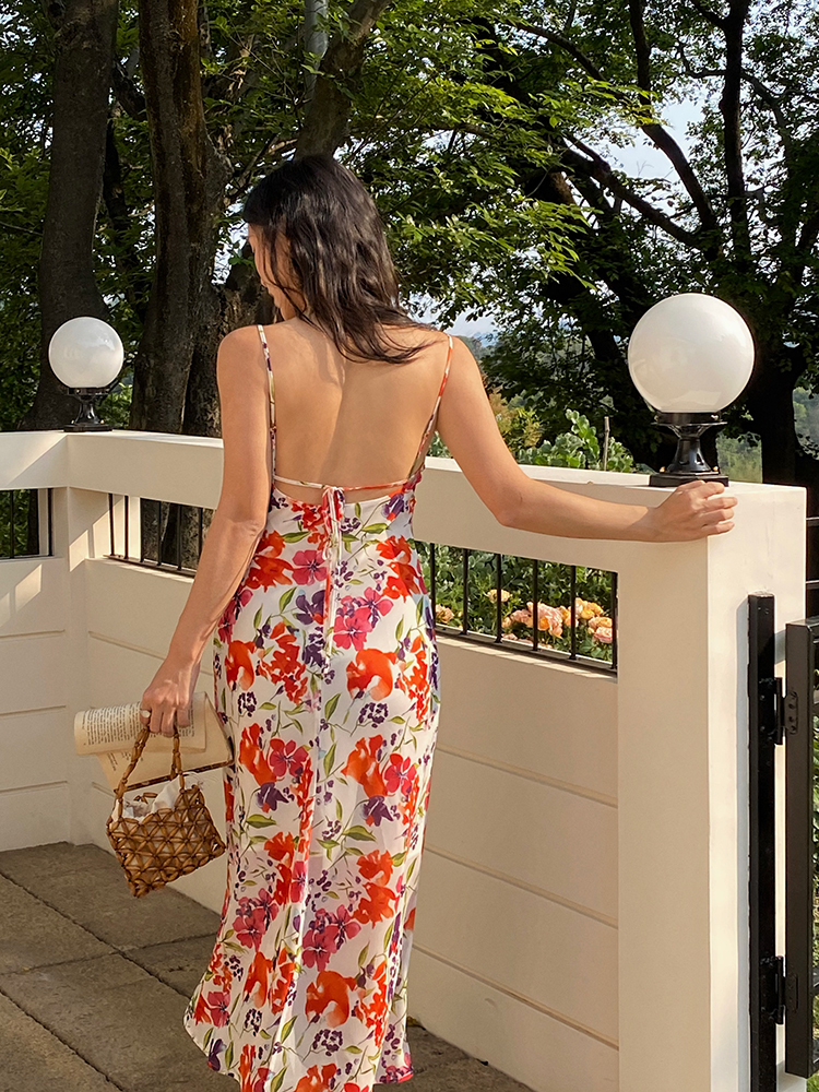Vintage French Printed Camisole Dress for Women, Sexy Slim Fit, Split Long Skirt, Chic Summer Fashion, Boho Style