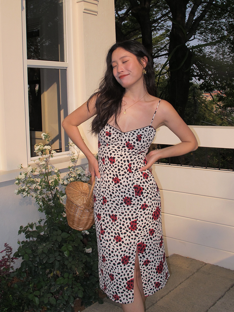 Vintage French Printed Camisole Dress for Women, Sexy Slim Fit with Split Long Skirt, Bohemian Style, Summer Fashion