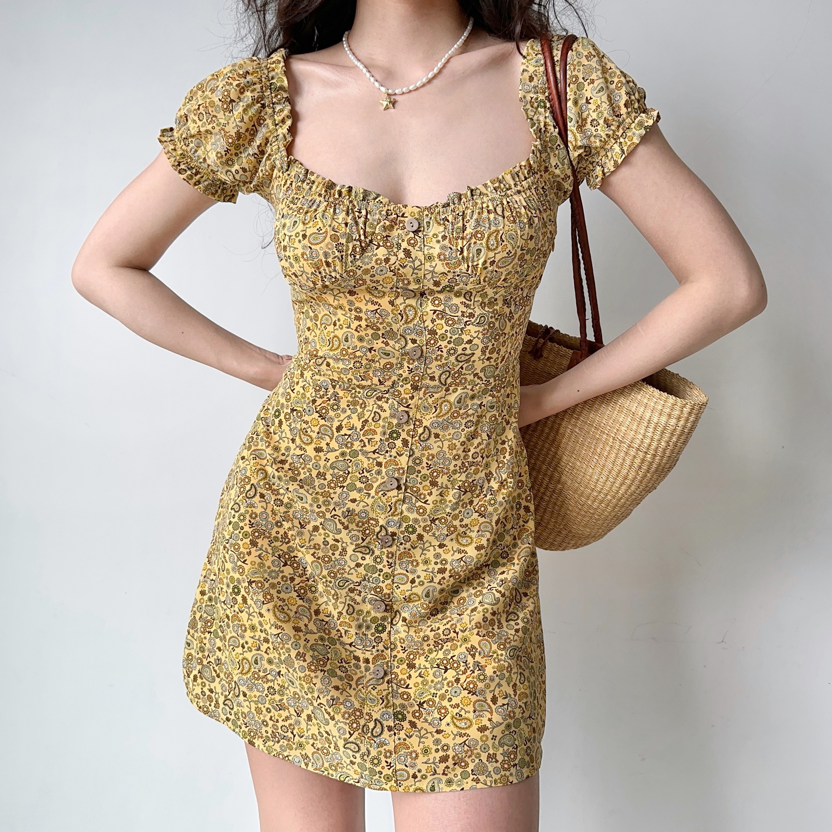 Vintage French Puff Sleeve Floral Dress for Women - A-Line Short Skirt, Square Neck, Perfect for Y2K and Retro Style