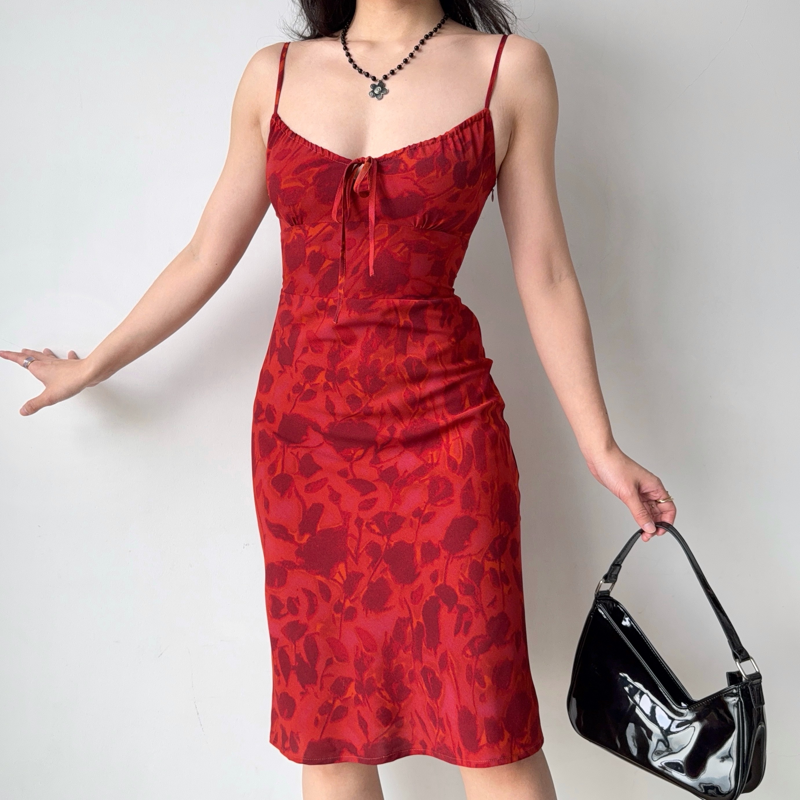 Vintage French Red Printed Cami Dress - Mid-Length Summer Vacation Dress for Women - Trendy 90s Inspired Style