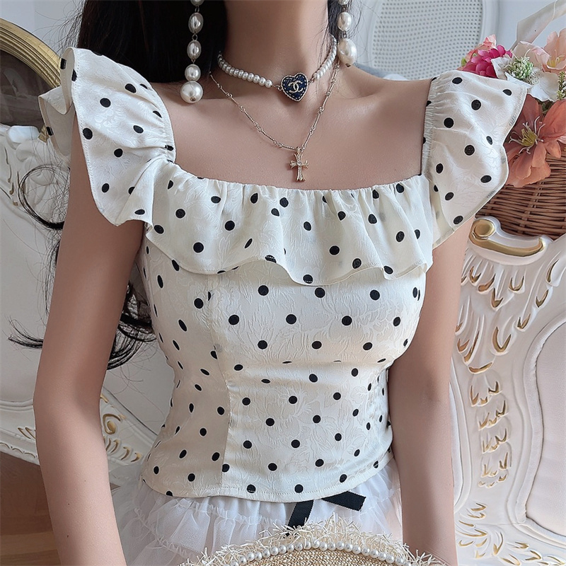 Vintage French Ruffled Large Square Collar Polka Dot Blouse - Handmade Spring/Summer 2025 Vacation Style