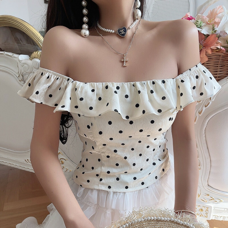 Vintage French Ruffled Large Square Collar Polka Dot Blouse - Handmade Spring/Summer 2025 Vacation Style