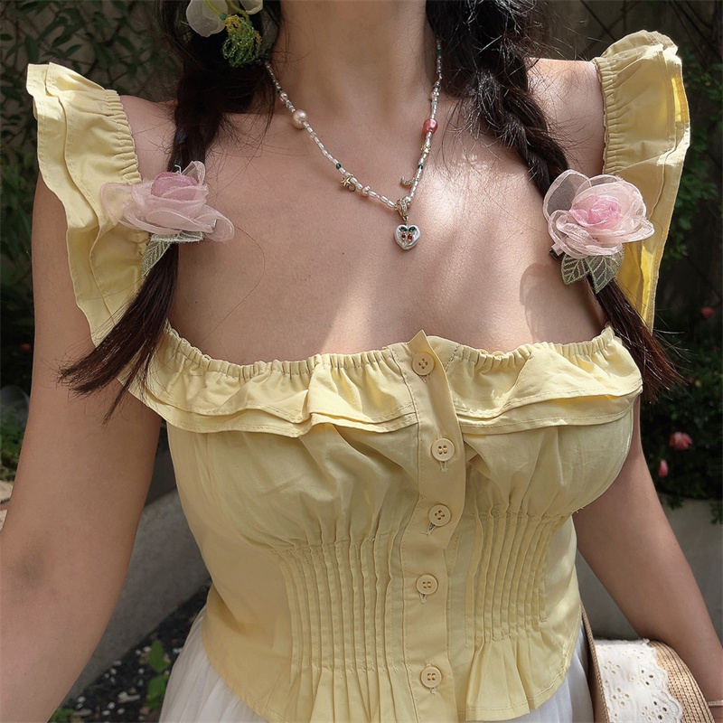 Vintage French Ruffled Sleeveless Shirt with Large Square Collar - Handmade Spring/Summer 2025 Vacation Top for Women