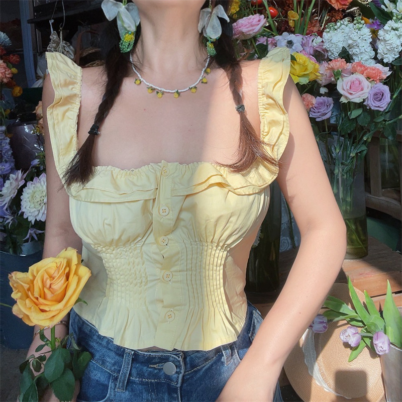 Vintage French Ruffled Sleeveless Shirt with Large Square Collar - Handmade Spring/Summer 2025 Vacation Top for Women