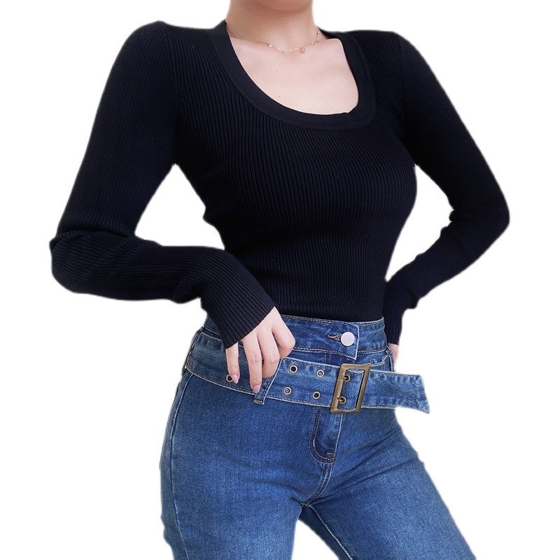 Vintage French Square Neck High Waist Long Sleeve Knit Top - Slim Fit Solid Color, Chic 90s Style Fashion