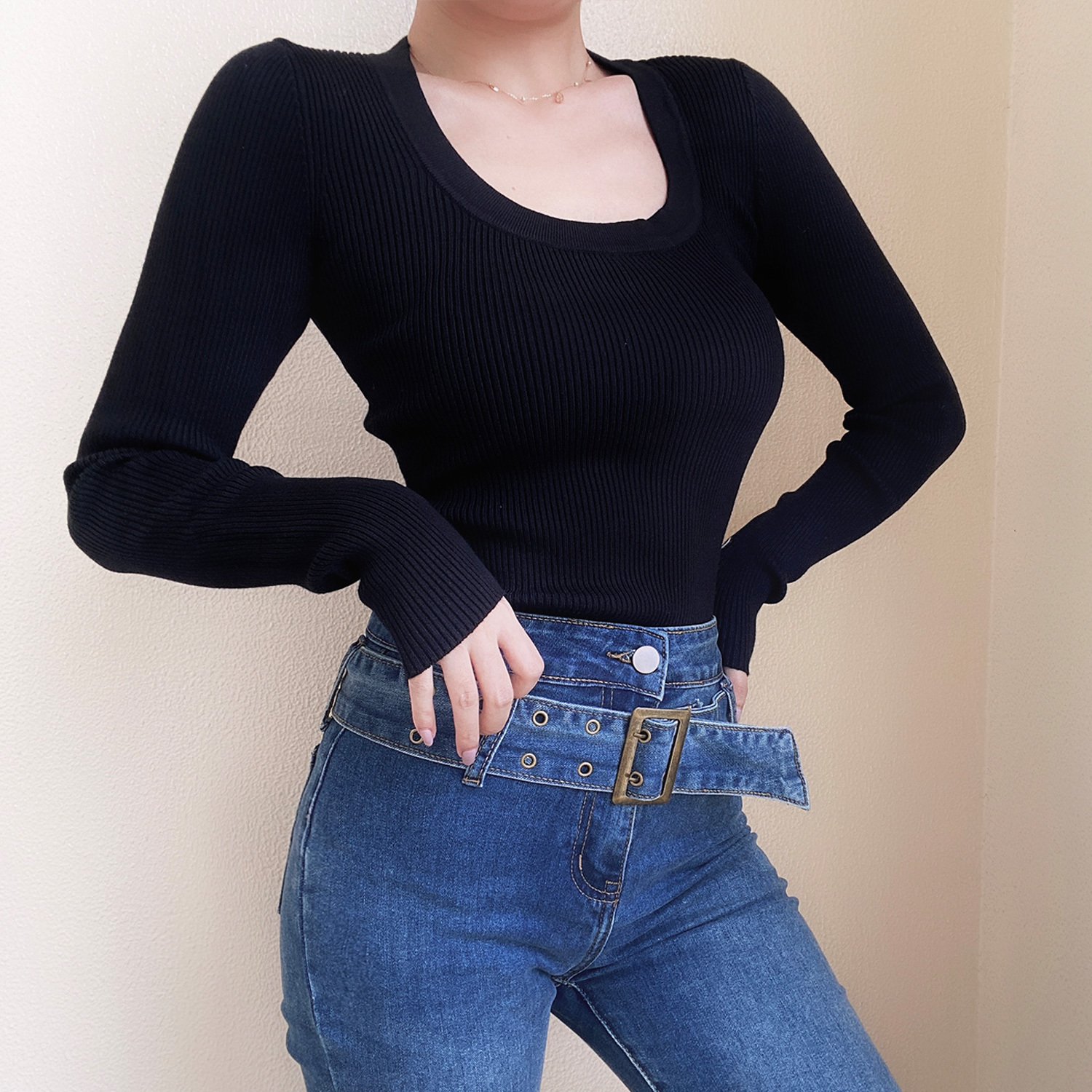 Vintage French Square Neck High Waist Long Sleeve Knit Top - Slim Fit Solid Color, Chic 90s Style Fashion