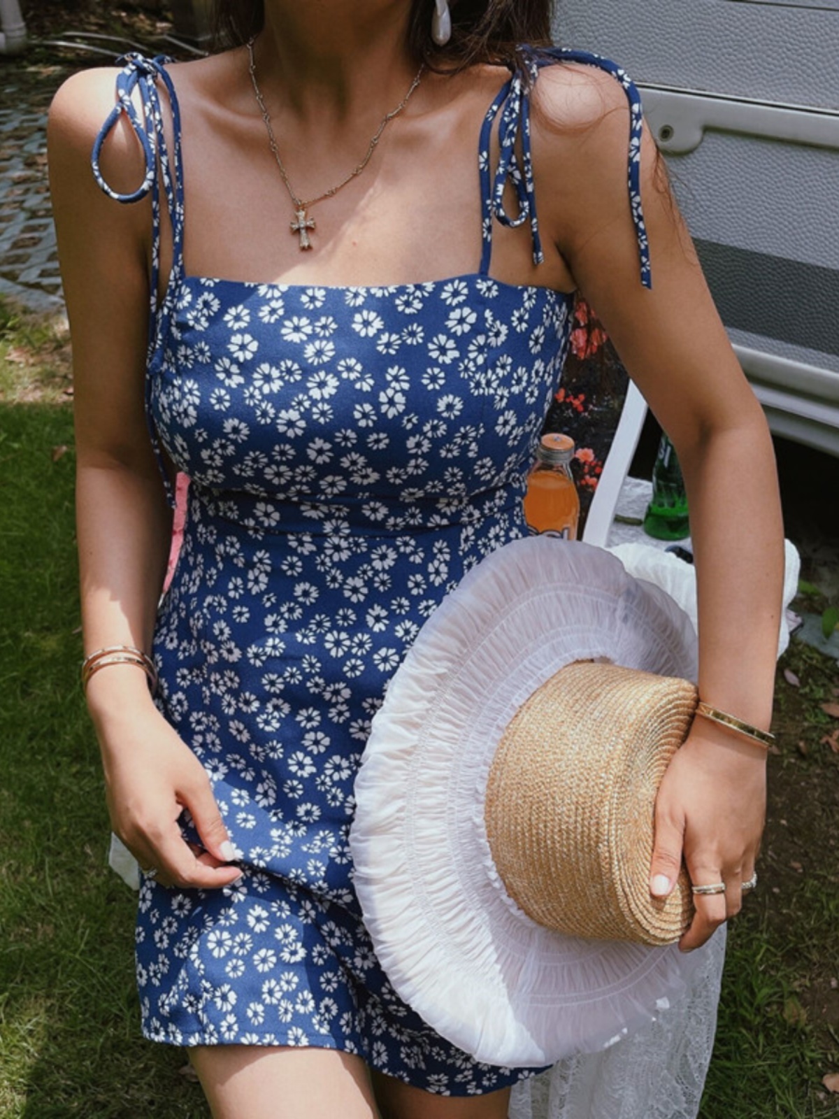 Vintage French Square Neck Tie Blue Floral Slip Dress - 2022 Spring/Summer Vacation Style, Perfect for Y2K and 90s Inspired Looks