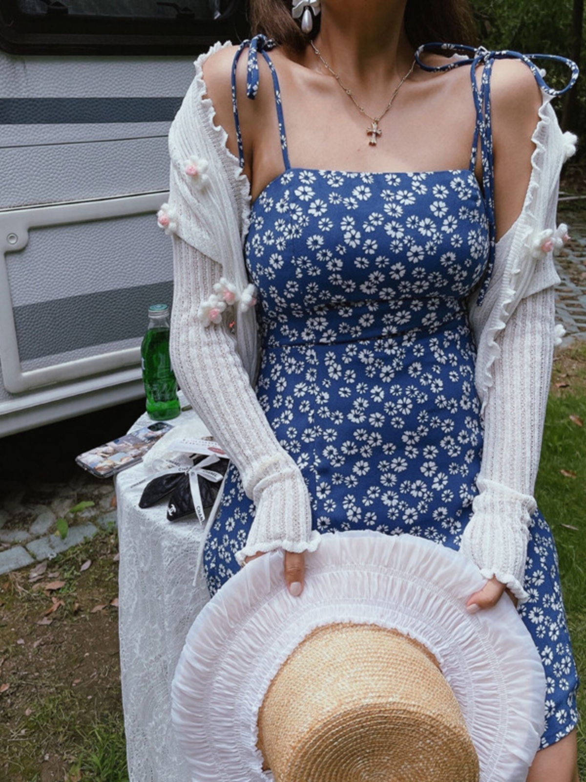 Vintage French Square Neck Tie Blue Floral Slip Dress - 2022 Spring/Summer Vacation Style, Perfect for Y2K and 90s Inspired Looks