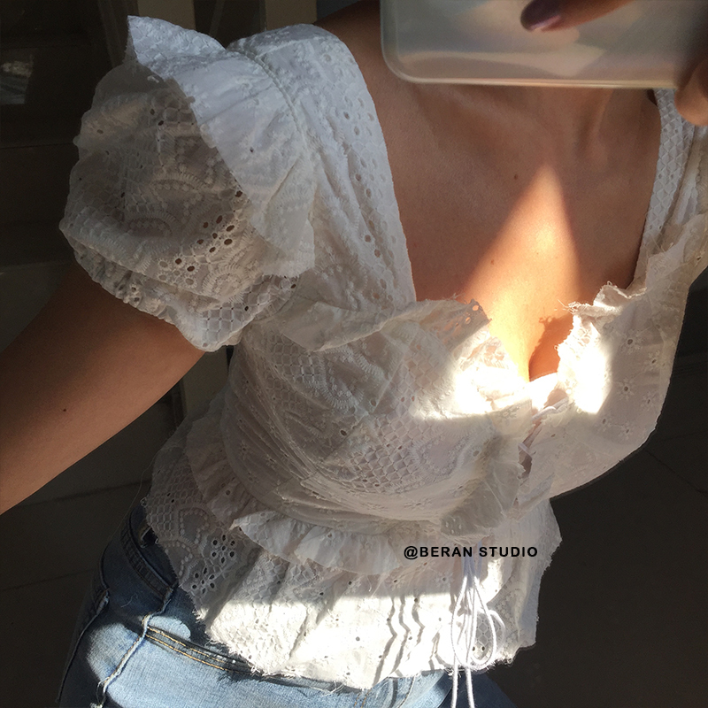 Vintage French Square Neck Water-Soluble Lace Trim Tied High-Waist Short Sleeve Shirt Top - Cute Y2K Style Fashion