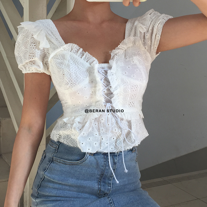 Vintage French Square Neck Water-Soluble Lace Trim Tied High-Waist Short Sleeve Shirt Top - Cute Y2K Style Fashion