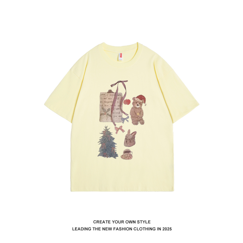Vintage French-Style Bear Print Short-Sleeve T-Shirt for Women, Summer 2025 Pure Cotton Casual Top, Versatile 90s Inspired Fashion