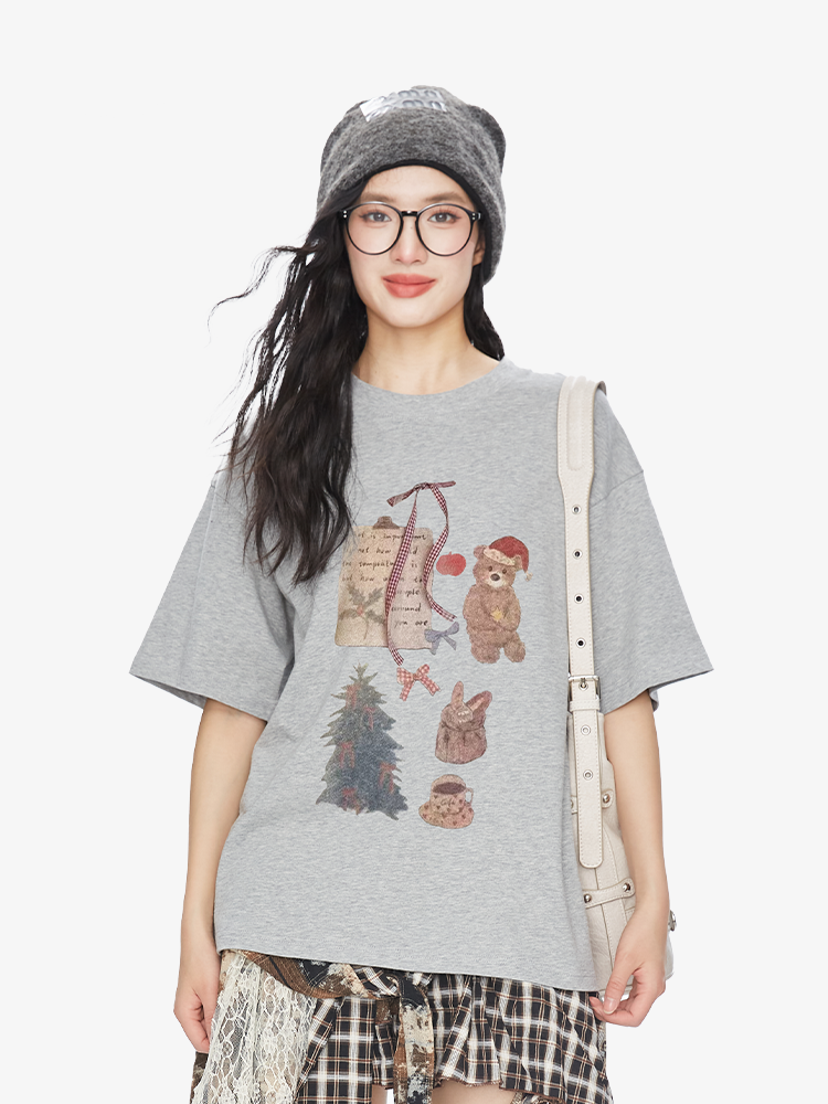 Vintage French-Style Bear Print Short-Sleeve T-Shirt for Women, Summer 2025 Pure Cotton Casual Top, Versatile 90s Inspired Fashion