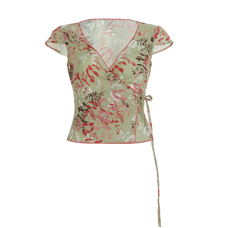 Vintage French Style Lace-Up Short Sleeve T-Shirt for Women, Low V-Neck, Waist-Defined, Summer Fashion Top, Dappled Branch Design