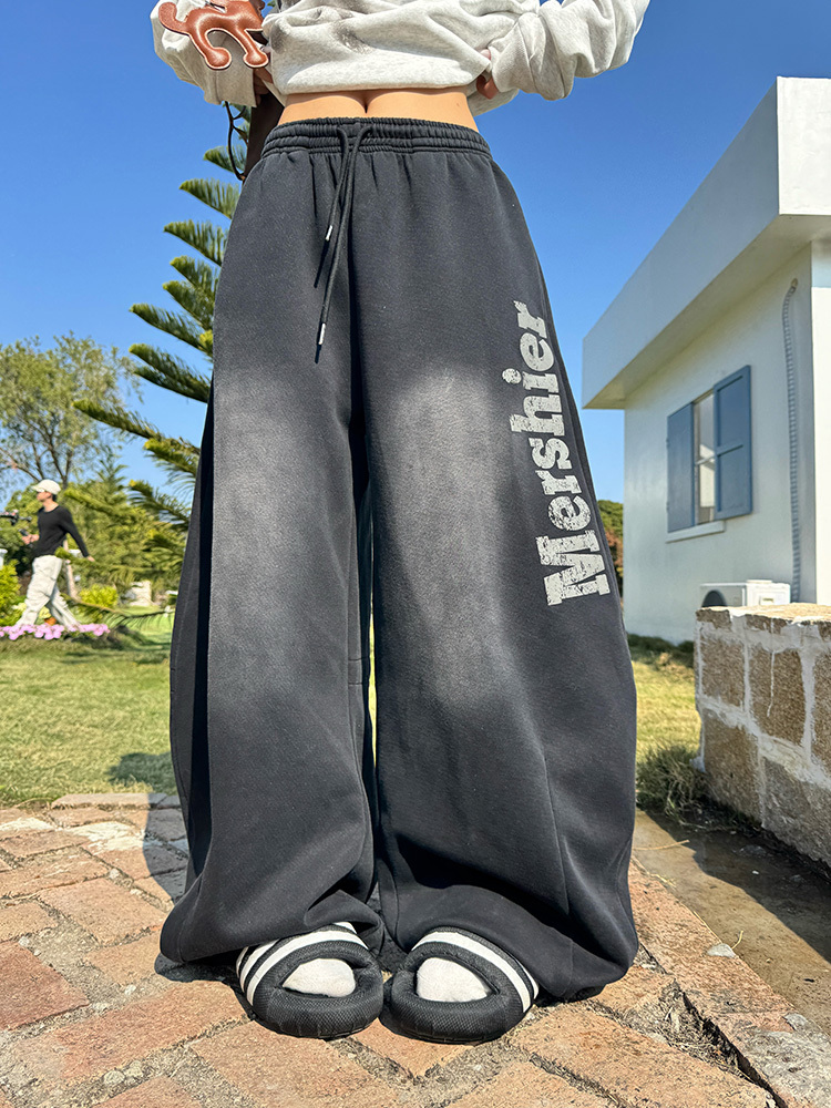 Vintage Gradient Distressed Letter Wide-Leg Curved Blade Sweatpants for Men and Women - Unisex Loose Casual Floor-Length Pants