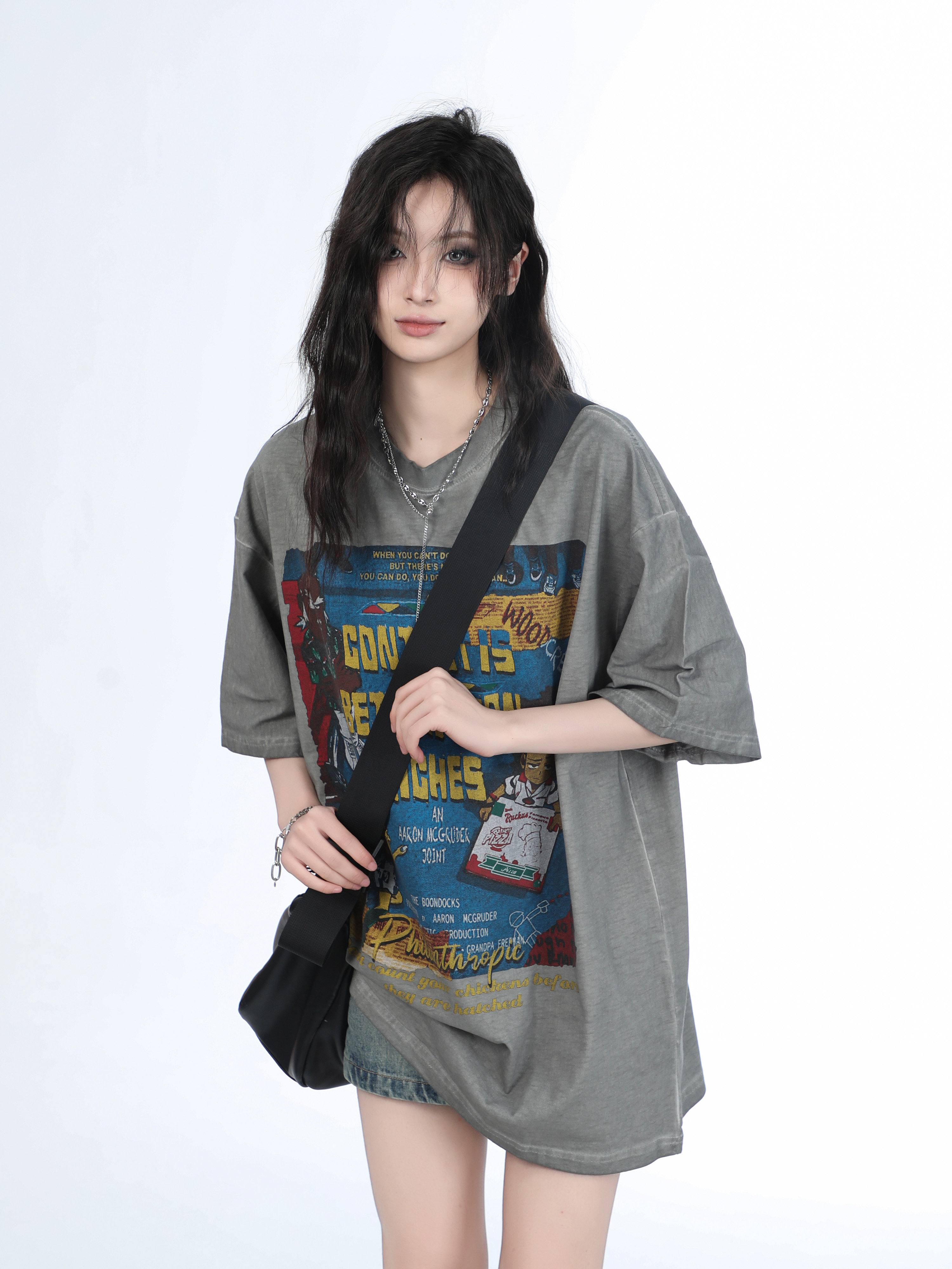 Vintage Gray Heavy-Duty Short Sleeve T-Shirt for Women – Loose Fit American High Street Summer Top Trend