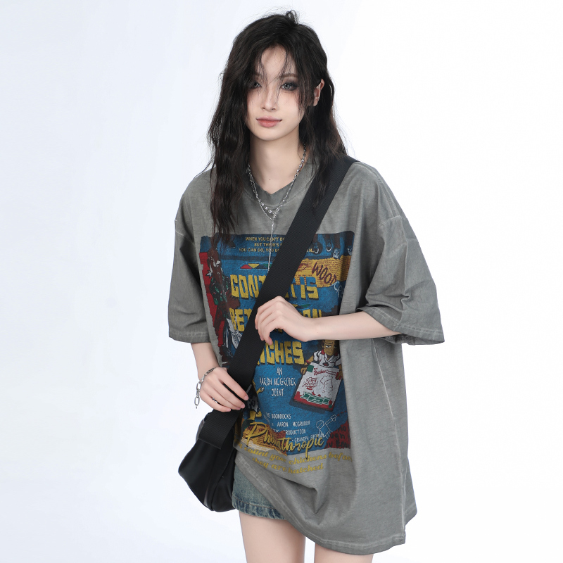Vintage Gray Heavy-Duty Short Sleeve T-Shirt for Women – Loose Fit American High Street Summer Top Trend