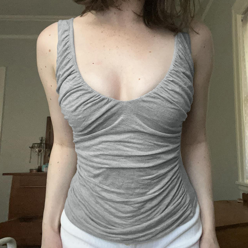 Vintage Gray Pleated Sleeveless Vest Top - Simple Basic V-Neck Slim Fit for Effortless 90s-Inspired Style