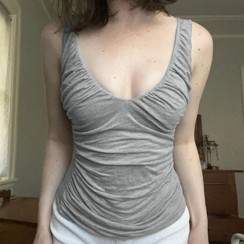 Vintage Gray Pleated Sleeveless Vest Top - Simple Basic V-Neck Slim Fit for Effortless 90s-Inspired Style