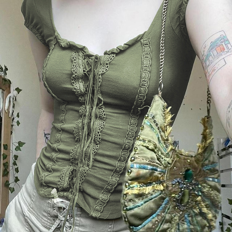 Vintage Green Lace Trimmed Tie T-shirt - Retro Square Neck Slim Fit Short Top in Forest Style, Perfect for Y2K and 90s Fashion