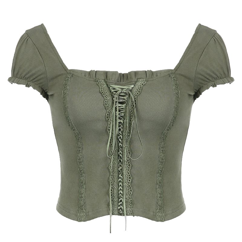 Vintage Green Lace Trimmed Tie T-shirt - Retro Square Neck Slim Fit Short Top in Forest Style, Perfect for Y2K and 90s Fashion