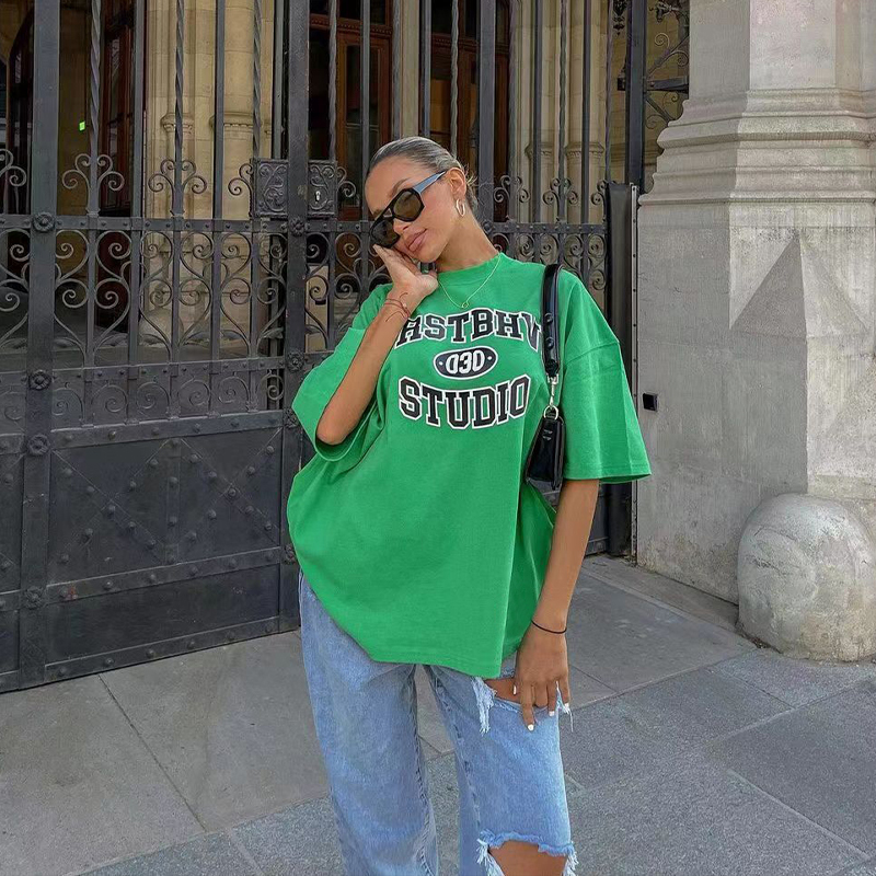 Vintage Green Letter Oversized Short-Sleeve T-Shirt for Women - Retro High Street Style Hot Girl Top, Y2K Fashion