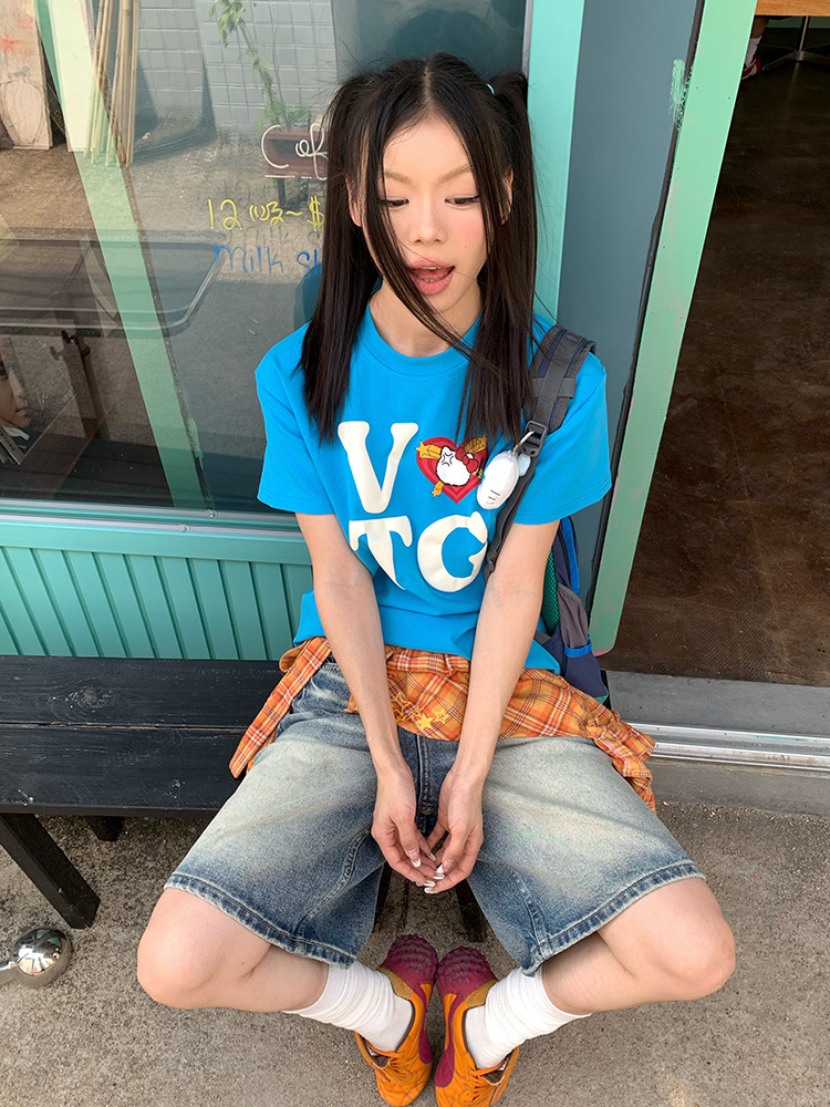 Vintage Heart Letter Printed Short Sleeve T-Shirt for Men and Women, Casual Loose Fit, Spring Summer American Style