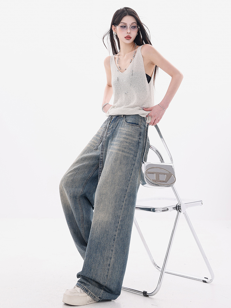 Vintage Heavy-Duty Rhinestone Design Wide-Leg Straight Jeans for Women – 2025 Summer Fashion, American Style, 90s Inspired