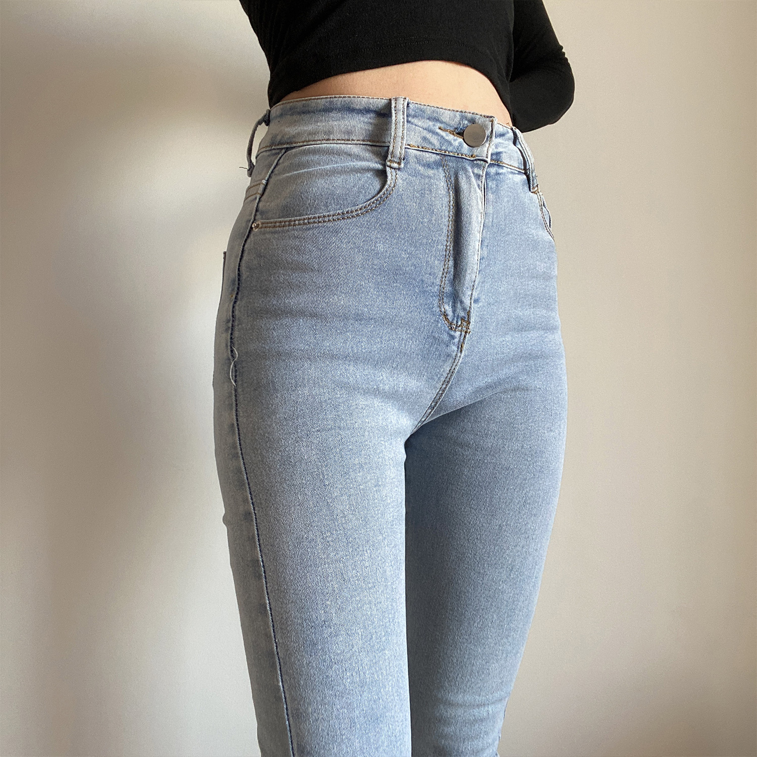 Vintage High-Waisted One-Button Denim Pants for Women - Butt-Lifting Elastic Pencil Trousers in Solid Color - Versatile Long Pants