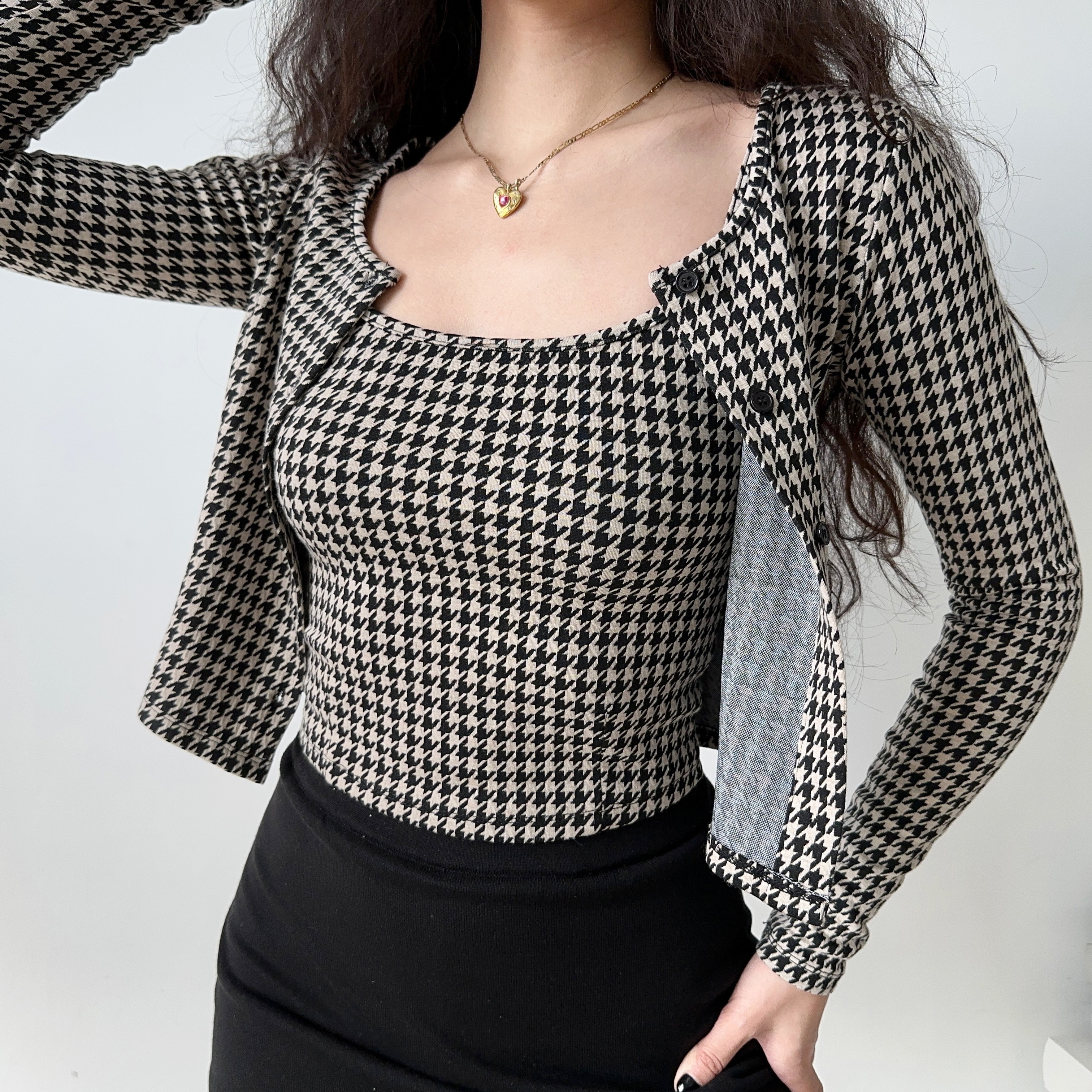 Vintage Houndstooth Camisole and Cardigan Two-Piece Set for Women - Slim Fit Short Top, Y2K Inspired Fashion