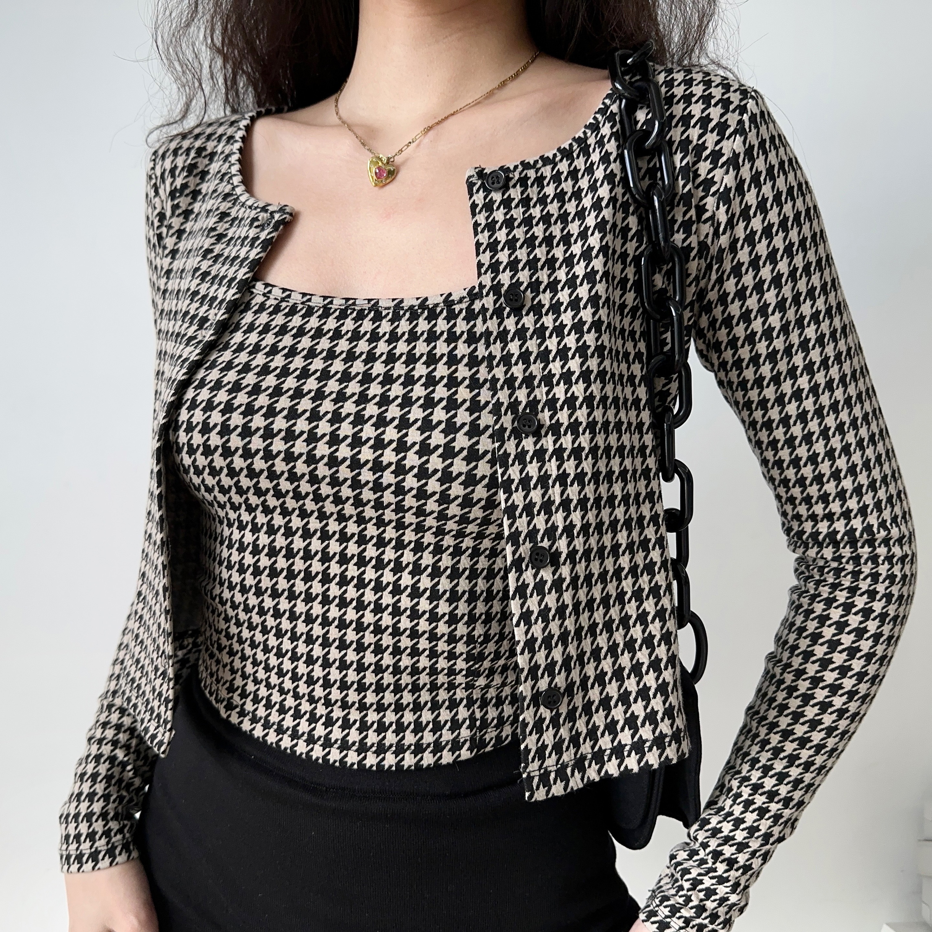 Vintage Houndstooth Camisole and Cardigan Two-Piece Set for Women - Slim Fit Short Top, Y2K Inspired Fashion