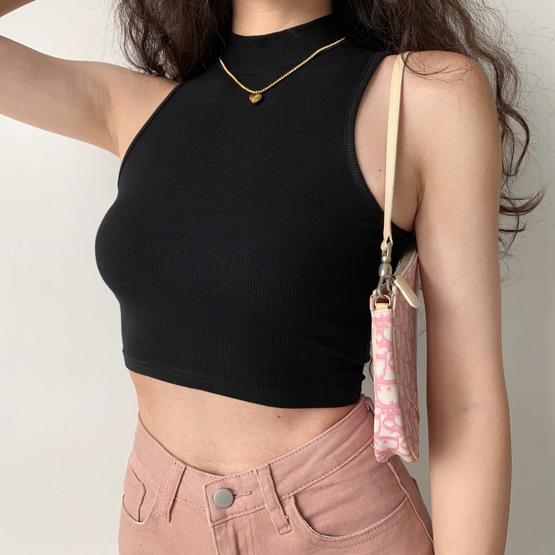 Vintage-Inspired High Neck Sleeveless Ribbed Tank Top for Women - Slim Fit Cropped Summer Belly Top