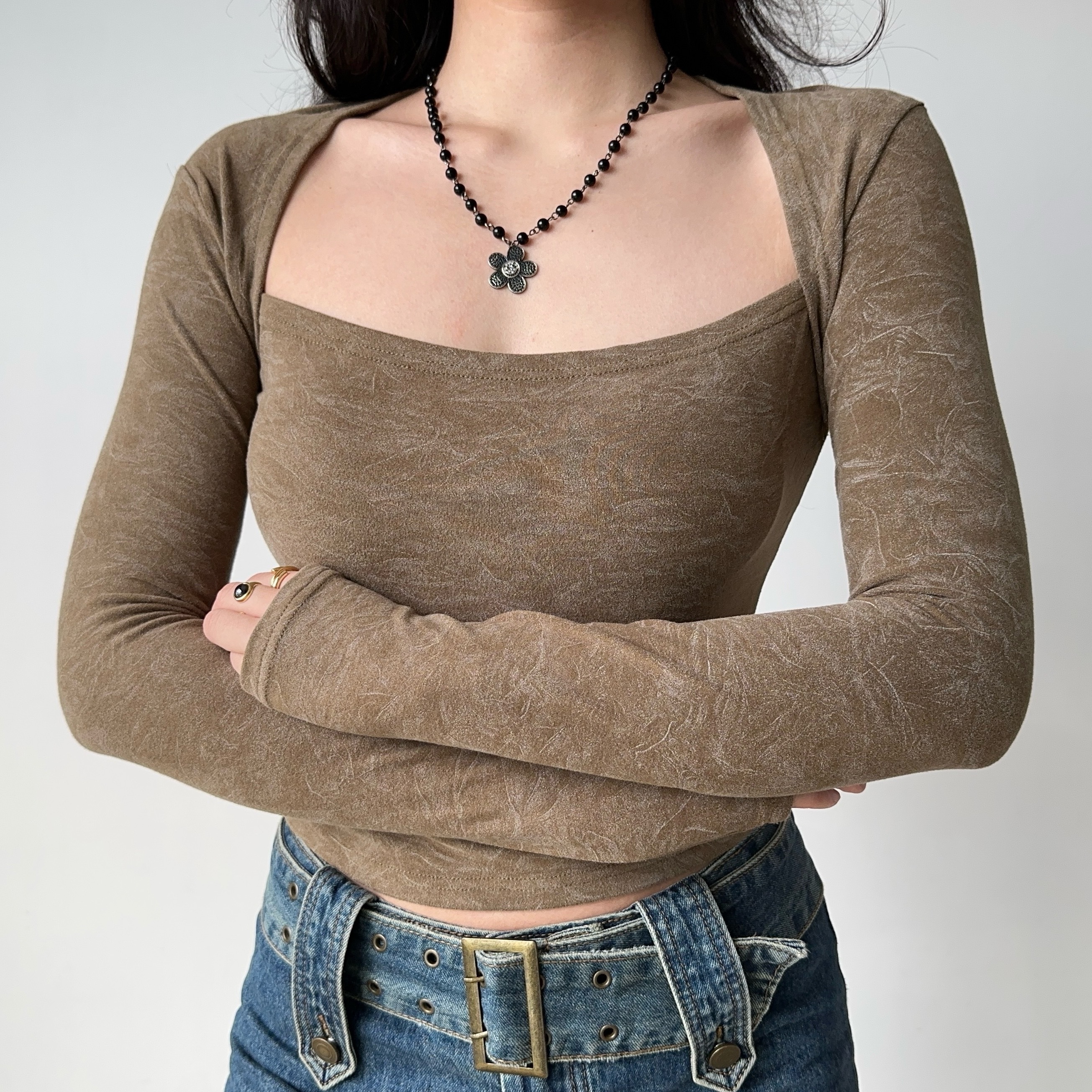 Vintage-Inspired Square Neck Long Sleeve T-Shirt for Women - Slim Fit American Style Base Layer Top