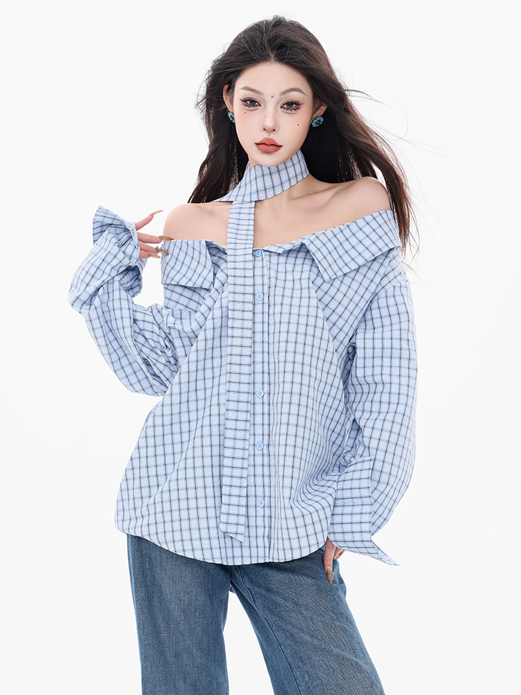 Vintage-Inspired Women's Plaid Long Sleeve T-Shirt with Asymmetrical Shoulder Design - Sexy Girl Style, 90s American Fashion