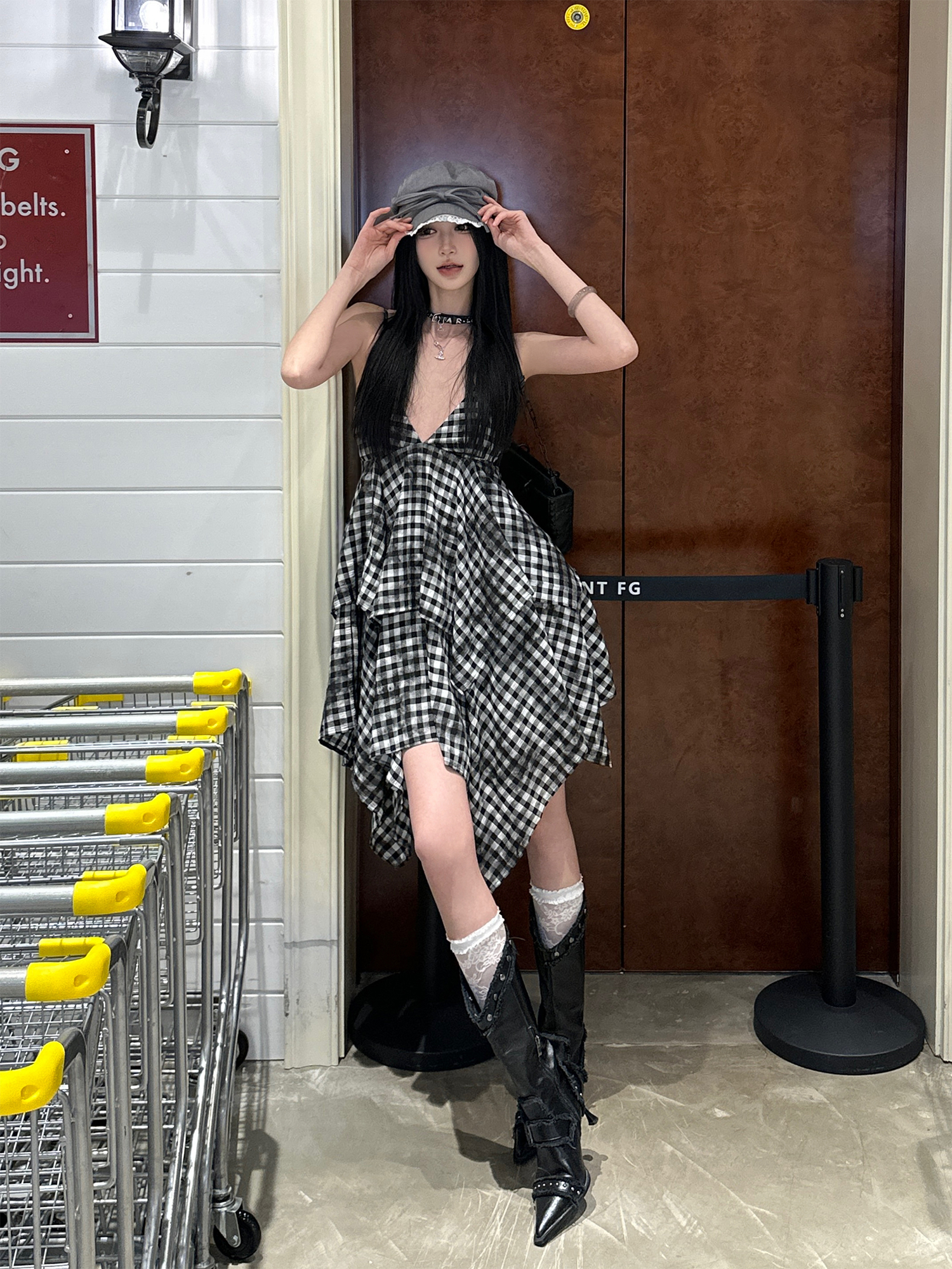Vintage Irregular Double-Layer Plaid Camisole Dress for Women - Spicy Girl Y2K Inspired Layered Style