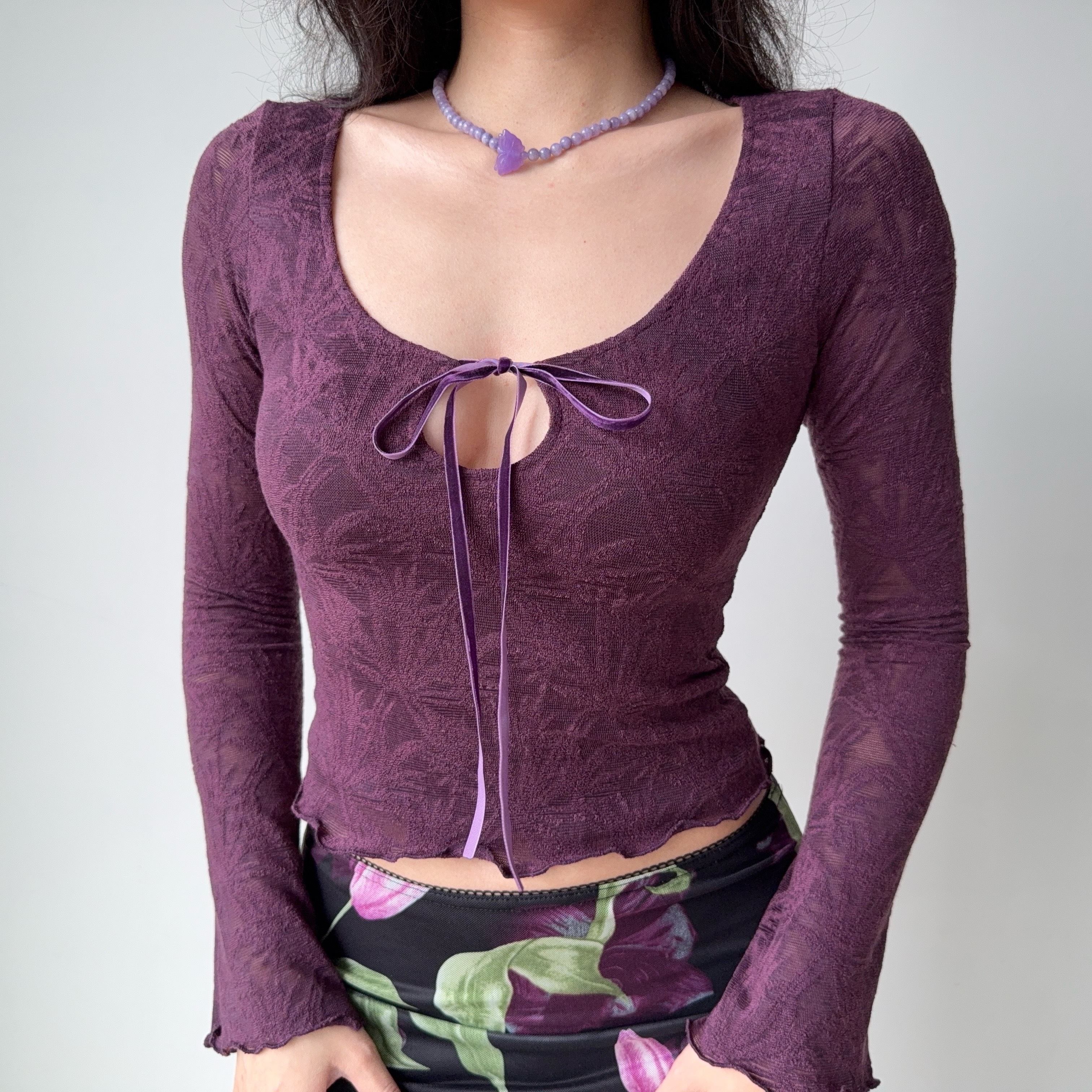 Vintage Jacquard Lace-Up Long Sleeve U-Neck Top for Women - Slim Fit American Style T-Shirt, Perfect for 90s and Y2K Fashion Lovers