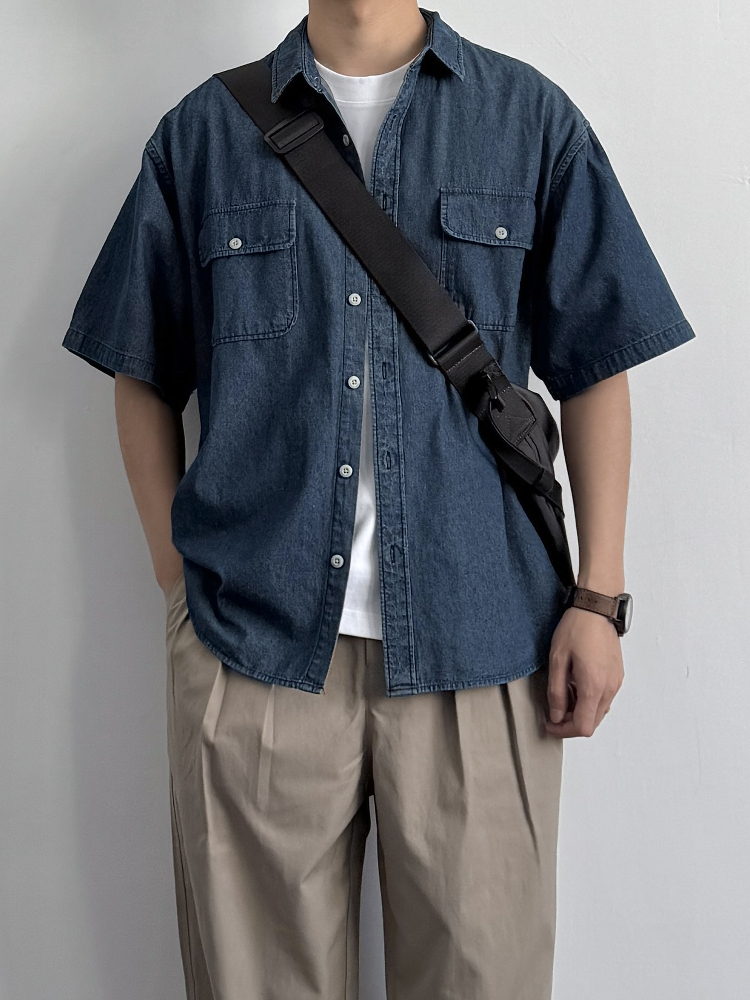 Vintage Japanese-Style Distressed Denim Short Sleeve Shirt for Men & Women, Summer Loose Fit, Double Pocket Workwear Trend