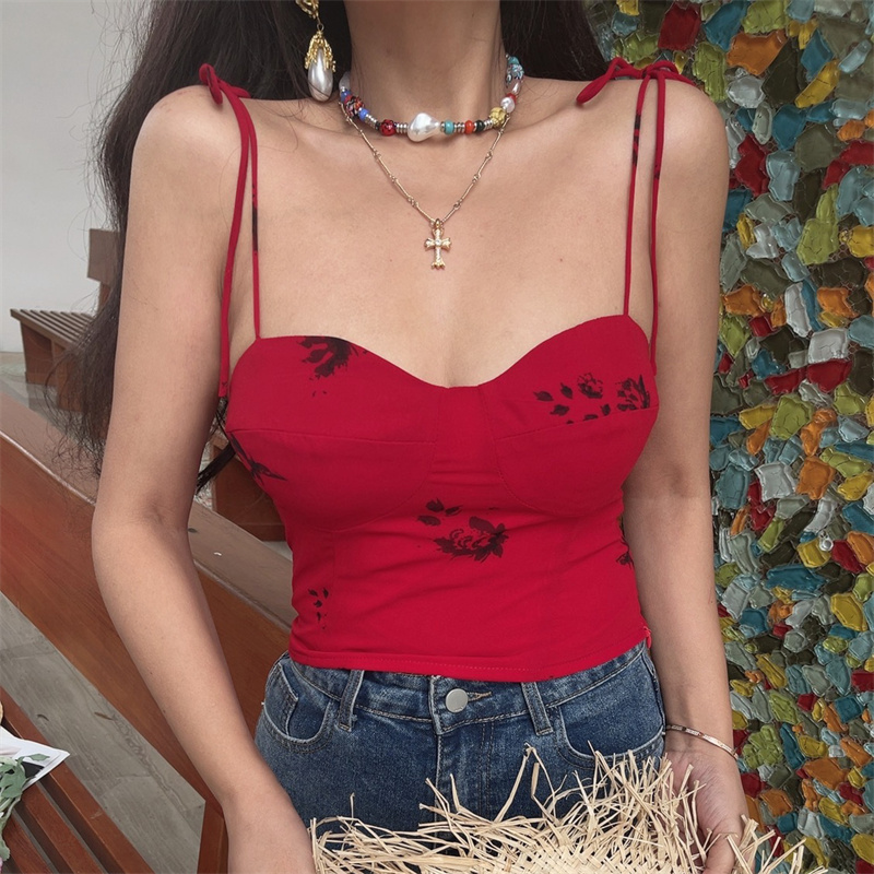 Vintage Lace-Up Bow Red Camisole Top for Women - Handmade French Style, 2025 Spring/Summer Vacation Essential