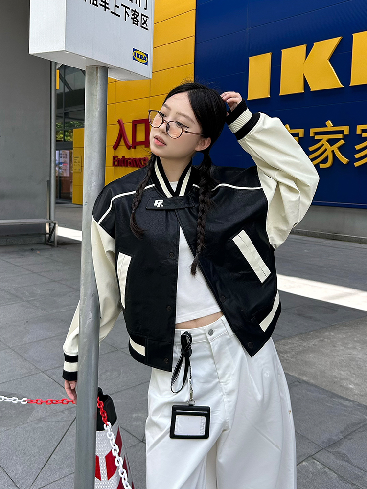 Vintage Leather Letter Logo Slim Fit Baseball Jacket - Autumn Winter American Trend, 90s Style